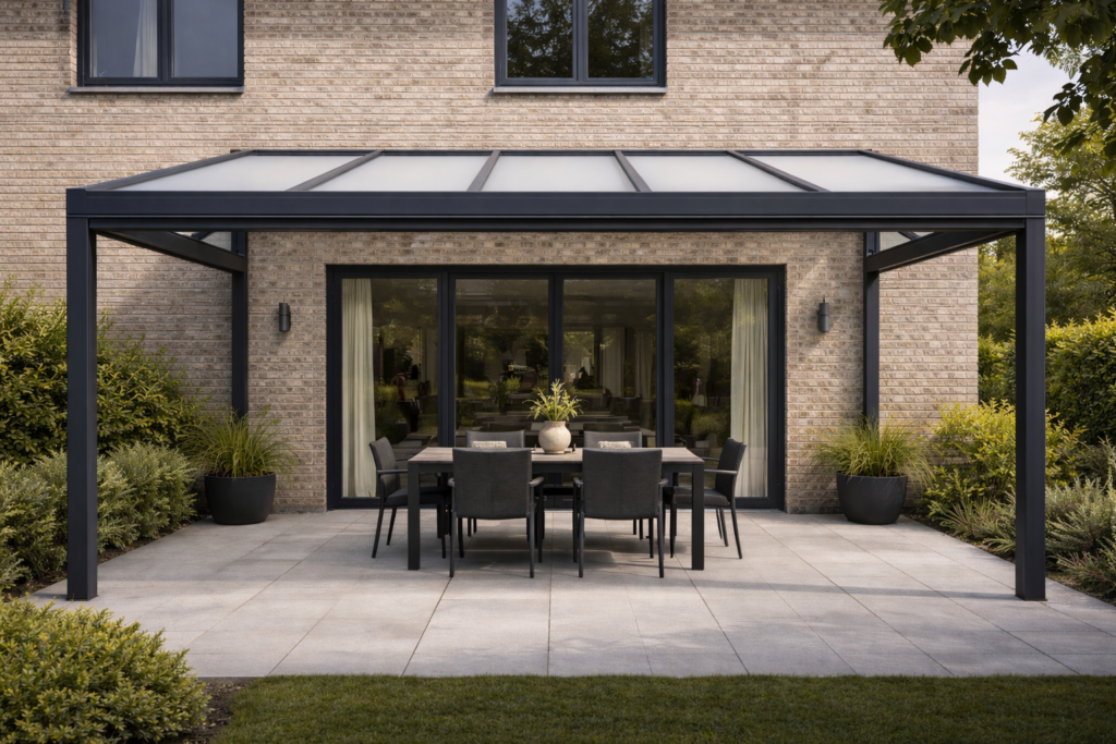 Terrassenüberdachung 6,06 × 3,0 Meter: Polycarbonat, Anthrazitgrau matt (RAL 7016) (Symbolbild, KI-generiert)