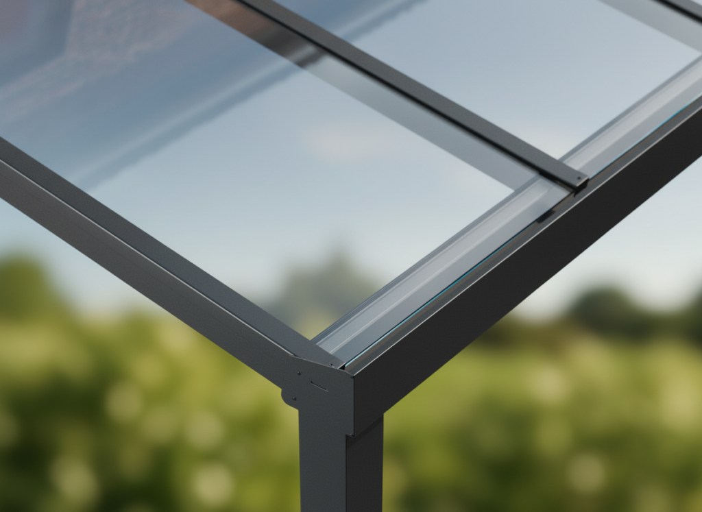 8° Abschlusskeil Glas, für Überdachung Tiefe 2,5 m: Abschlusskeil aus klarem Sicherheitsglas für die 8°-Dachneigung, schließt die seitliche Öffnung zwischen Dachschräge.